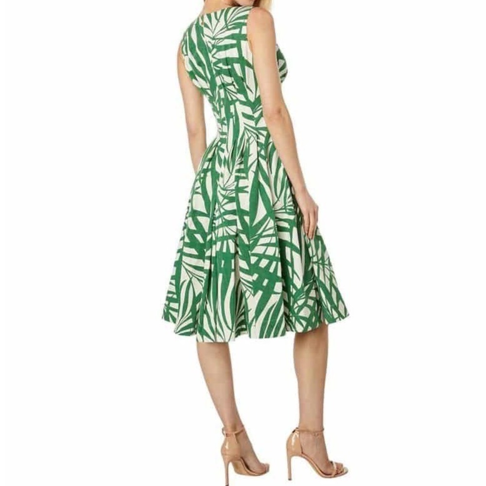 Kate Spade Palm Fronds Amelia Sz 12 Skater Dress Green Sleeveless V-Neck Pleated - Picture 9 of 11